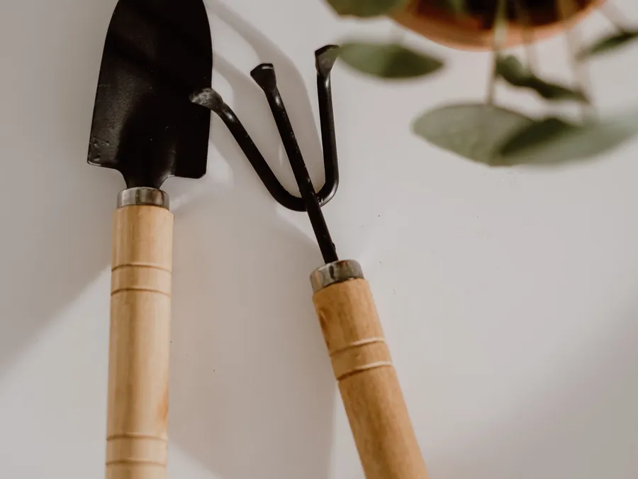 Bay và cào nhỏ cạnh chậu cây