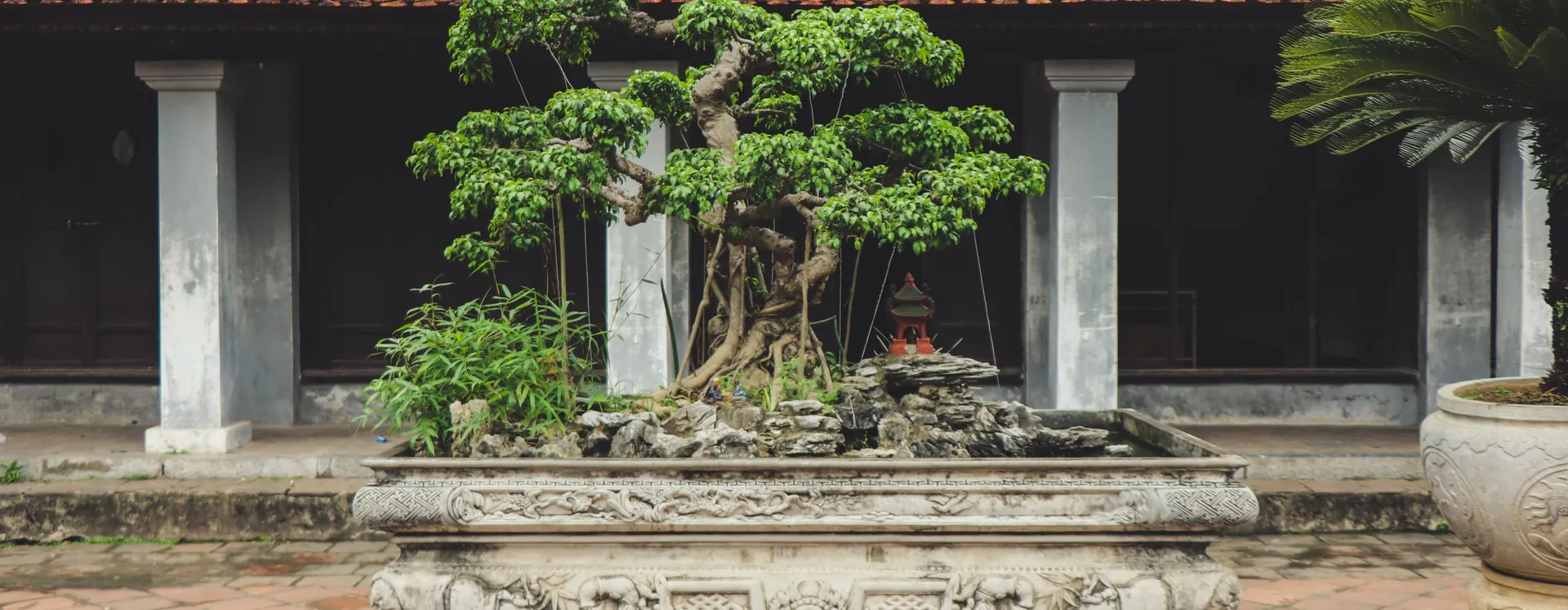 Chậu cây thế đặt giữa sân đình lát gạch